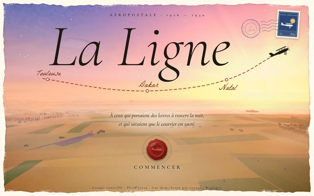 Page d’accueil d’Aéropostale, La Ligne : un avion survole la ligne Toulouse-Dakar-Natal au coucher du soleil