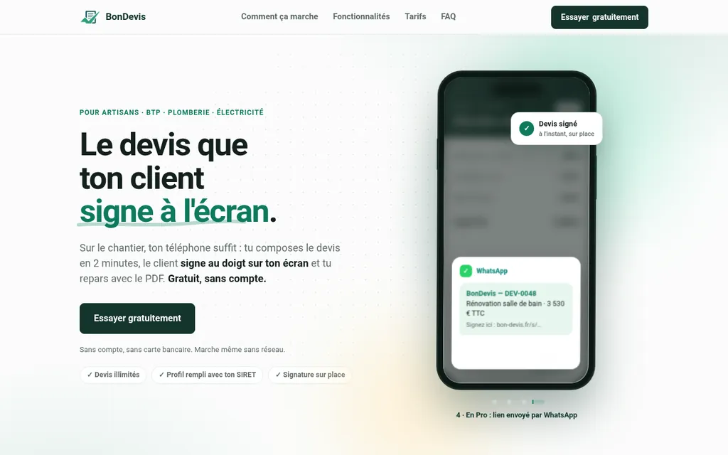 Page d’accueil de Bon-devis : un devis signé sur l’écran d’un téléphone