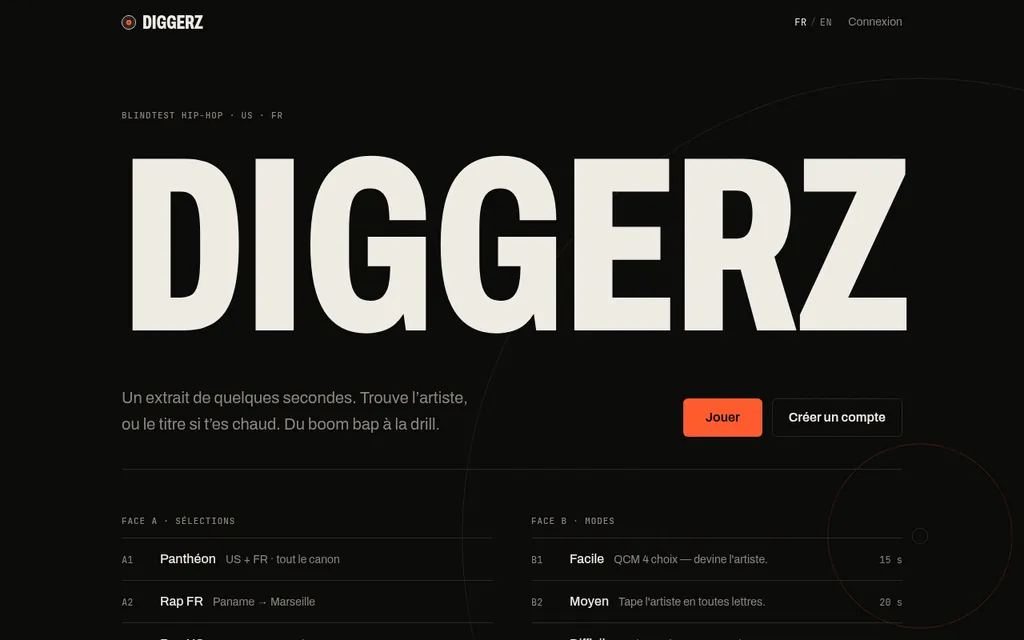 Page d’accueil de Diggerz : le logo en très grand sur fond noir