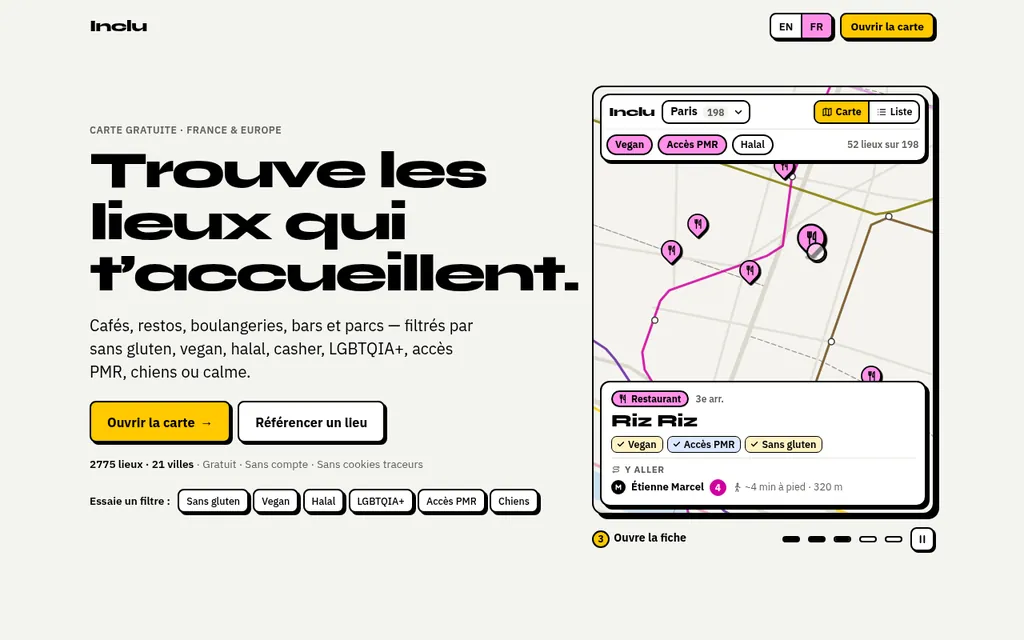 Page d’accueil d’Inclu : une carte de Paris avec des lieux filtrés vegan et accès PMR