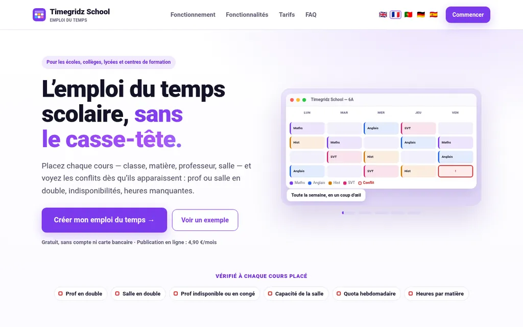 Page d’accueil de Timegridz School : un emploi du temps de la semaine avec un conflit signalé en rouge