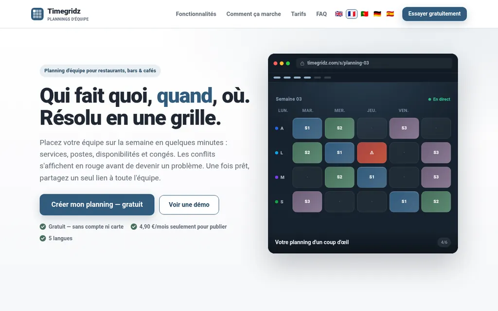 Page d’accueil de Timegridz : une grille de planning d’équipe sur la semaine